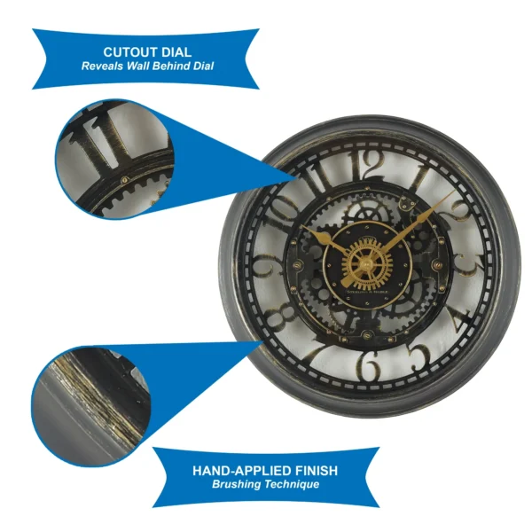 Dehliamart Indoor Round Bronze Cutout Gear Industrial Analog Wall Clock - Image 2